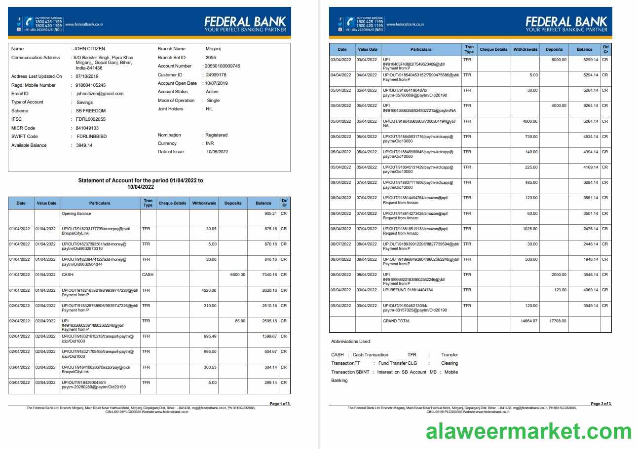 India Federal bank account statement 3 pages